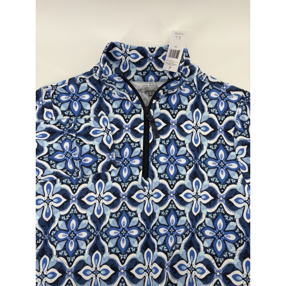 Vera Bradley French Terry Pocket Pullover 1/4 Zip Blue Floral Design Size M NWT - Picture 1 of 5